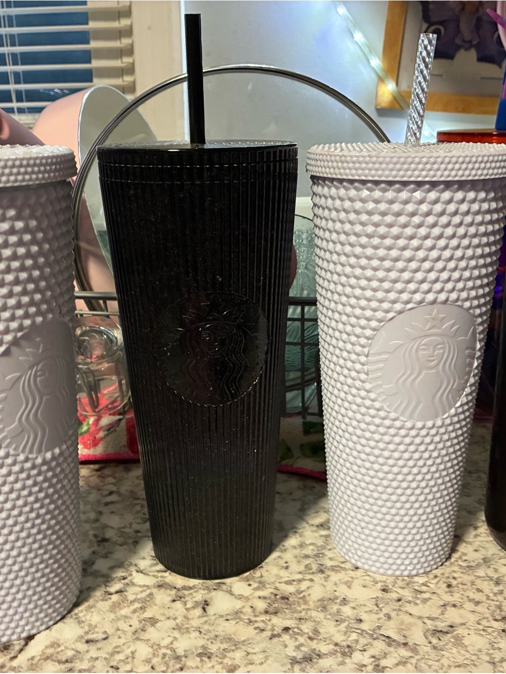 Set of 3 Starbucks cups 1 Black & 2 white Ribbed Cold Cups with Straw